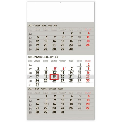 Nástěnný kalendář 3měsíční standard šedý – s českými jmény 2023, 29,5 × 43 cm