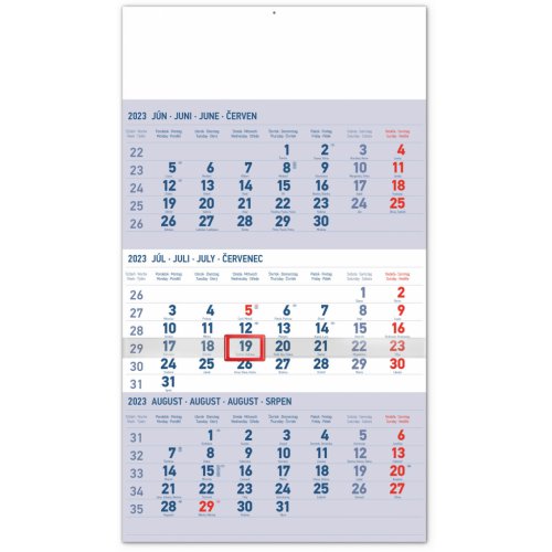 Nástenný kalendár 3-mesačný štandard modrý – so slovenskými menami 2023, 29,5 × 43 cm