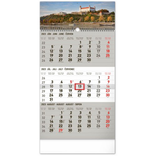 Nástenný kalendár 3-mesačný Bratislava šedý – so slovenskými menami 2023, 29,5 × 43 cm
