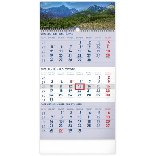 Nástenný kalendár 3-mesačný Tatry modrý – so slovenskými menami 2023, 29,5 × 43 cm