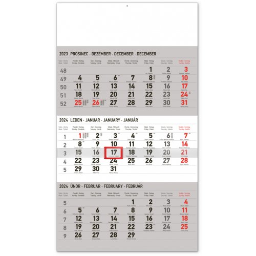 Nástěnný kalendář 3měsíční standard šedý – s českými jmény 2024, 29,5 × 43 cm