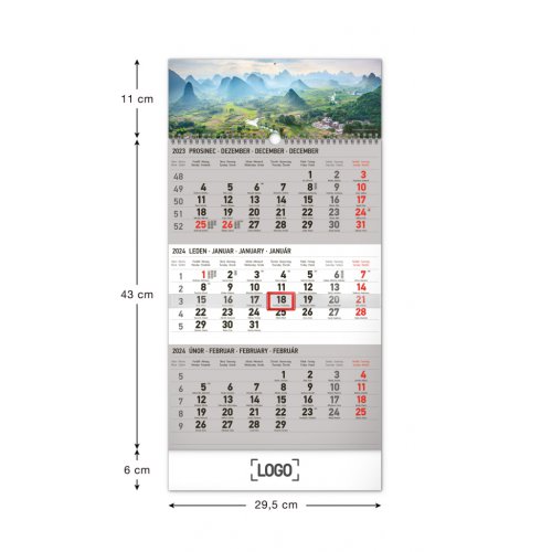 Nástěnný kalendář 3měsíční Krajina šedý – s českými jmény 2024, 29,5 × 43 cm - obrázek