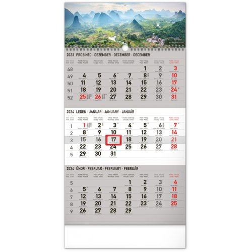 Nástěnný kalendář 3měsíční Krajina šedý – s českými jmény 2024, 29,5 × 43 cm