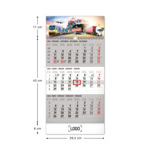 Nástěnný kalendář 3měsíční Spedice šedý – s českými jmény 2024, 29,5 × 43 cm - obrázek