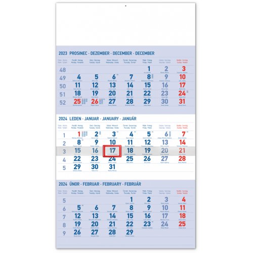 Nástěnný kalendář 3měsíční standard modrý – s českými jmény 2024, 29,5 × 43 cm