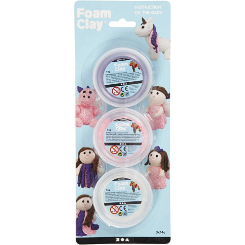 Samotvrdnoucí modelovací pěnová hmota Foam Clay SADA - BÍLÁ, GLITTER RŮŽOVÁ, METALICKÁ FIALOVÁ - obrázek