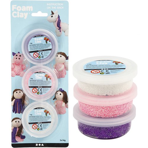 Samotvrdnoucí modelovací pěnová hmota Foam Clay SADA - BÍLÁ, GLITTER RŮŽOVÁ, METALICKÁ FIALOVÁ