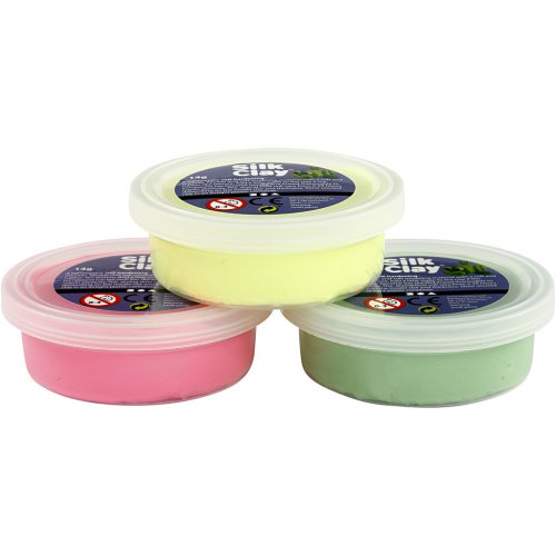 Silk Clay hedvábná modelovací hmota SADA 3 barev - SVĚTLÁ ZELENÁ, NEON RŮŽOVÁ, NEON ŽLUTÁ - obrázek