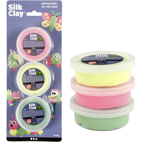 Silk Clay hedvábná modelovací hmota SADA 3 barev - SVĚTLÁ ZELENÁ, NEON RŮŽOVÁ, NEON ŽLUTÁ