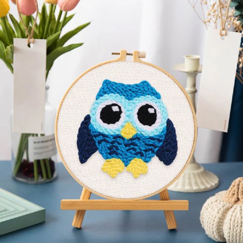 Vyšívání dutou jehlou sada - MODRÁ SOVA 20x20 cm kulatý rám