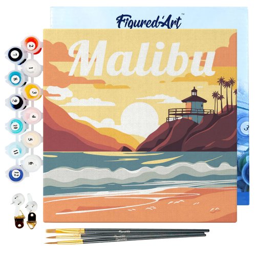 Mini malování podle čísel - Travel Poster MALIBU 20 x 20 cm na rámu