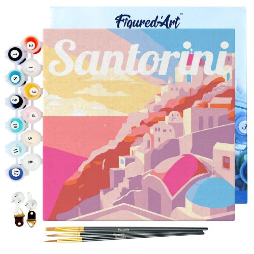 Mini malování podle čísel - Travel Poster ZÁPAD SLUNCE SANTORINI 20 x 20 cm na rámu