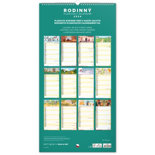 Rodinný plánovací kalendář nástěnný NOTIQUE XXL 2026, 33 x 64 cm - obrázek