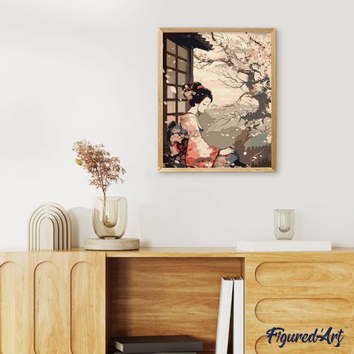 Malování podle čísel  - ŽENA V KIMONU A SAKURA bez rámu 40 x 50 cm