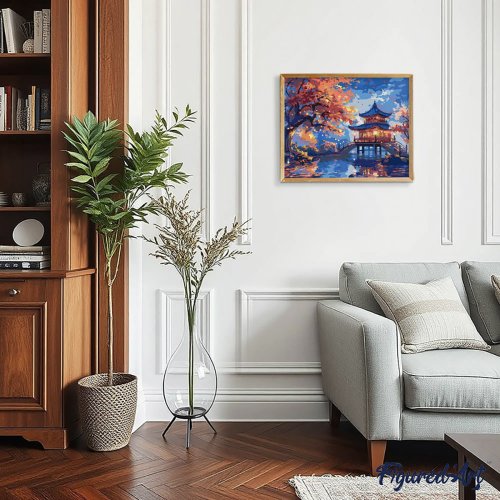 Malování podle čísel - PAGODA ZA PODZIMNÍ NOCI bez rámu 40 x 50 cm