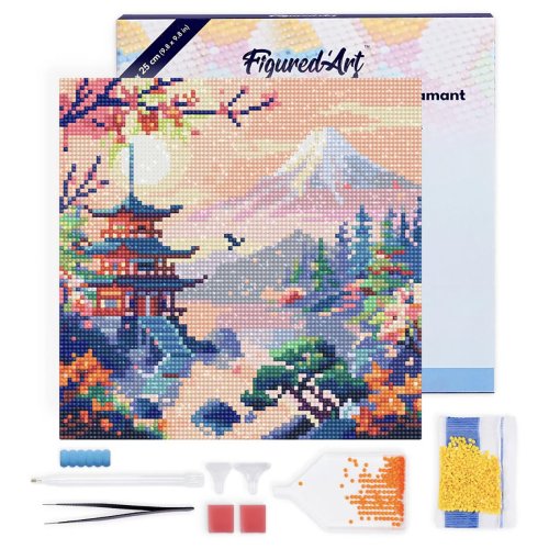 Mini diamantové malování - PAGODA POD HOROU FUJI na rámu 25 x 25cm - DP-SFA305-Y-11.jpg