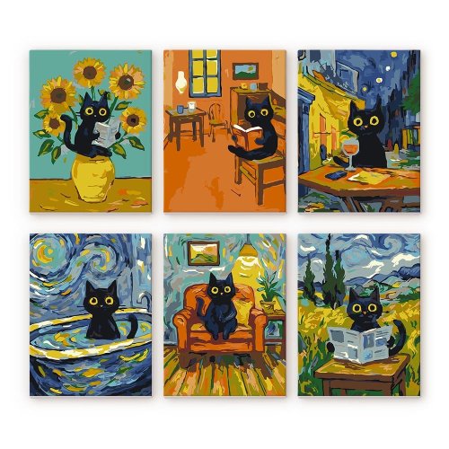 Mini malování podle čísel - ČERNÁ KOČKA VE SVĚTĚ VAN GOGHA 15 x 20 cm 6 obrázků bez rámu - MFA029_2.jpg