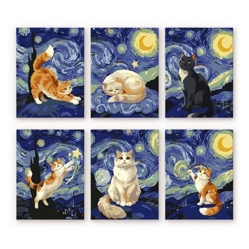 Mini malování podle čísel - KOČIČÍ HVĚZDNÁ NOC 15 x 20 cm 6 obrázků na rámu - MFA032-Y_2.jpg